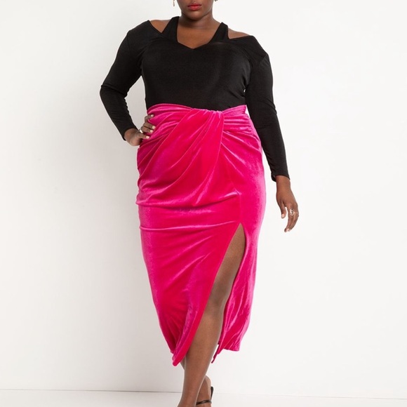 NWT Eloquii Velvet Pink Gathered Waist Front Slit Barbiecore Maxi Skirt size 14 - Picture 1 of 13